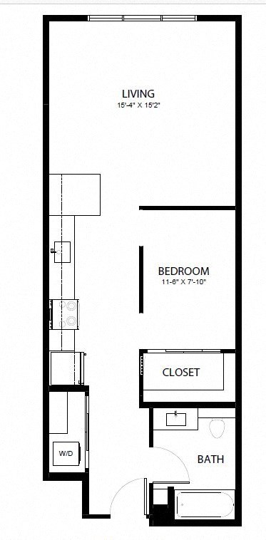 A black and white floor plan of a small apartment with a living room, bedroom, closet, and bathroom.